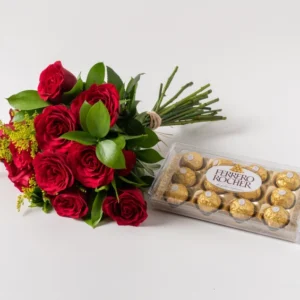 Buquê de 12 Rosas Vermelhas e Chocolate