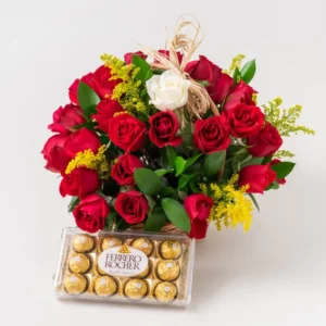 Cesta com 39 Rosas Vermelhas e 1 Rosa Solitária de outra cor e Chocolate