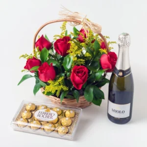 Cesta com 9 Rosas Vermelhas, Chocolate e Espumante
