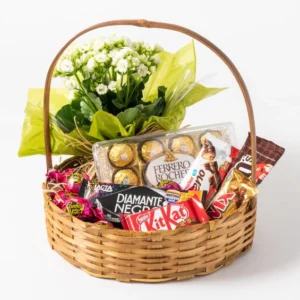 Cesta de Café com Chocolates e Flores Luxo