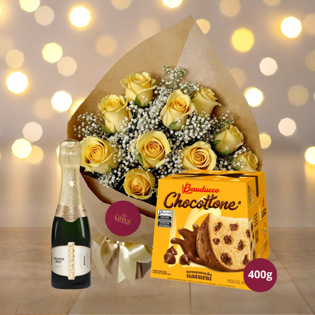 Buque de 12 Rosas Amarelas + Mini Chandon e Chocotone